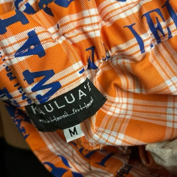 Orange palaka Kauluae Hawaii newsprint pants medium wide leg cropped - Picture 5 of 8